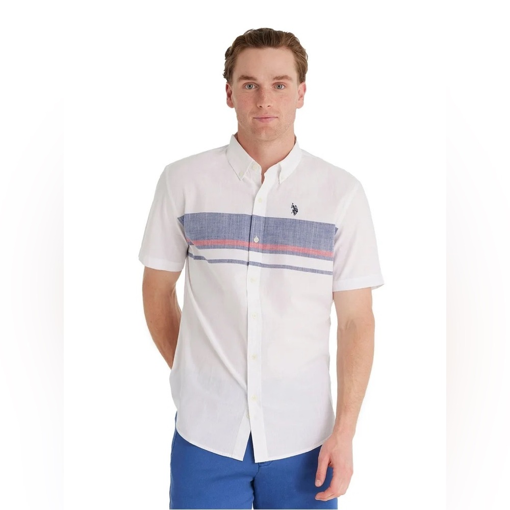 U.S. Polo Assn. Men's “Optic White Stripe” Short Sleeve Buttondown Shirt 2XL